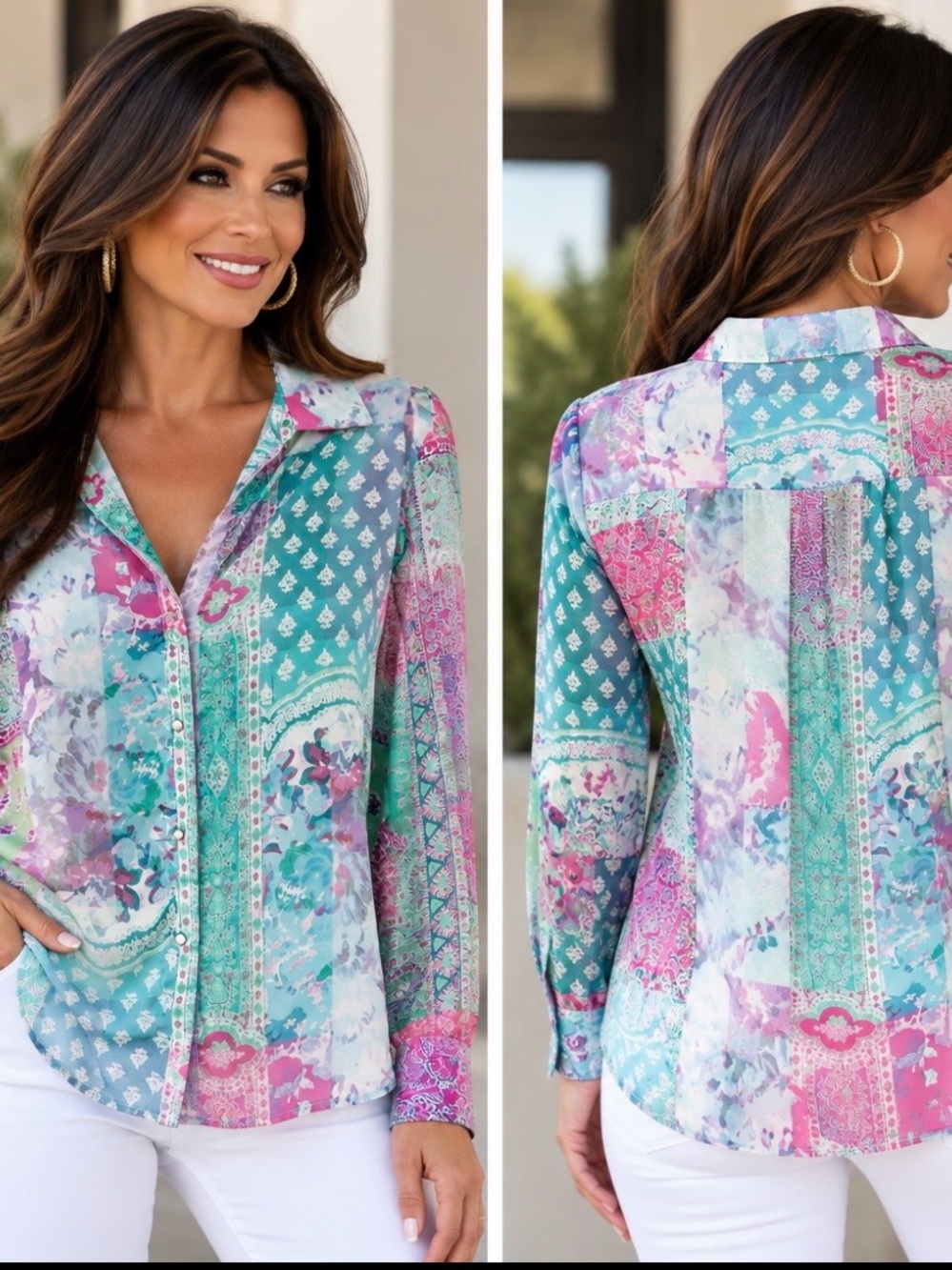 Patchwork Floral Button-Down Shirt in Teal & Pink